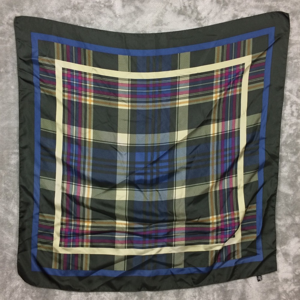 Silk Scarf 34" Square 100% Silk Blue Green Plaid Italy
